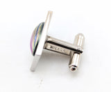 1960s Modernist Cufflinks Set Mad Men Era Silver Tone Metal Cufflinks with Large Iridescent Dichroic Glass Seashells by HICKOK
