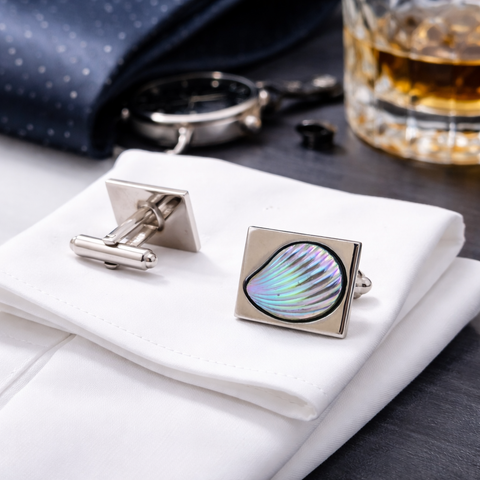 1960s Modernist Cufflinks Set Mad Men Era Silver Tone Metal Cufflinks with Large Iridescent Dichroic Glass Seashells by HICKOK