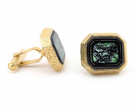 1960s Modernist Cufflinks Set Mad Men Era Gold Tone Metal Cufflinks with Black & Green Dichroic Glass "Stones" by Destino