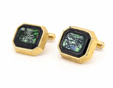 1960s Modernist Cufflinks Set Mad Men Era Gold Tone Metal Cufflinks with Black & Green Dichroic Glass "Stones" by Destino