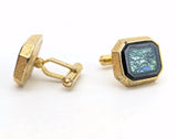 1960s Modernist Cufflinks Set Mad Men Era Gold Tone Metal Cufflinks with Black & Green Dichroic Glass "Stones" by Destino
