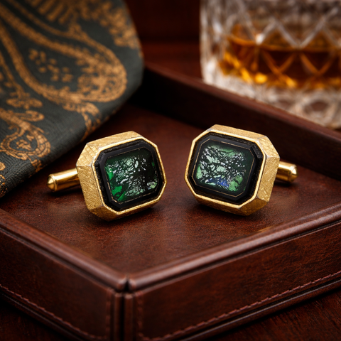 1960s Modernist Cufflinks Set Mad Men Era Gold Tone Metal Cufflinks with Black & Green Dichroic Glass "Stones" by Destino