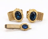 1960s Mod Cufflink & Tie Bar Set Huge Modernist Mad Men Era Gold Tone Metal Wrap-a-round Cufflinks and Tie Clip with Sapphire Blue Stones