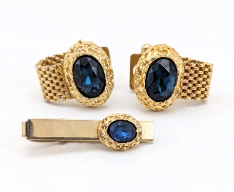 1960s Mod Cufflink & Tie Bar Set Huge Modernist Mad Men Era Gold Tone Metal Wrap-a-round Cufflinks and Tie Clip with Sapphire Blue Stones