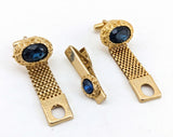 1960s Mod Cufflink & Tie Bar Set Huge Modernist Mad Men Era Gold Tone Metal Wrap-a-round Cufflinks and Tie Clip with Sapphire Blue Stones