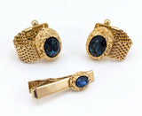 1960s Mod Cufflink & Tie Bar Set Huge Modernist Mad Men Era Gold Tone Metal Wrap-a-round Cufflinks and Tie Clip with Sapphire Blue Stones