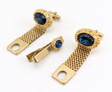 1960s Mod Cufflink & Tie Bar Set Huge Modernist Mad Men Era Gold Tone Metal Wrap-a-round Cufflinks and Tie Clip with Sapphire Blue Stones