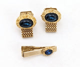 1960s Mod Cufflink & Tie Bar Set Huge Modernist Mad Men Era Gold Tone Metal Wrap-a-round Cufflinks and Tie Clip with Sapphire Blue Stones