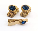 1960s Mod Cufflink & Tie Bar Set Huge Modernist Mad Men Era Gold Tone Metal Wrap-a-round Cufflinks and Tie Clip with Sapphire Blue Stones
