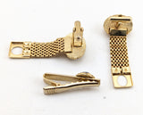 1960s Mod Cufflink & Tie Bar Set Huge Modernist Mad Men Era Gold Tone Metal Wrap-a-round Cufflinks and Tie Clip with Sapphire Blue Stones