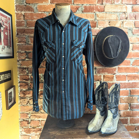 1980s Vintage Youngbloods Striped Western Shirt Men's Cowboy Style Long Sleeve Blue & Black Pearl Snap Shirt by Youngbloods - Size XL