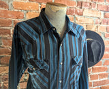 1980s Vintage Youngbloods Striped Western Shirt Men's Cowboy Style Long Sleeve Blue & Black Pearl Snap Shirt by Youngbloods - Size XL