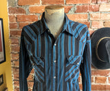 1980s Vintage Youngbloods Striped Western Shirt Men's Cowboy Style Long Sleeve Blue & Black Pearl Snap Shirt by Youngbloods - Size XL