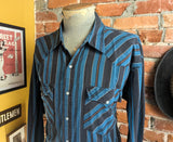 1980s Vintage Youngbloods Striped Western Shirt Men's Cowboy Style Long Sleeve Blue & Black Pearl Snap Shirt by Youngbloods - Size XL