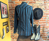 1980s Vintage Youngbloods Striped Western Shirt Men's Cowboy Style Long Sleeve Blue & Black Pearl Snap Shirt by Youngbloods - Size XL