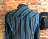 1980s Vintage Youngbloods Striped Western Shirt Men's Cowboy Style Long Sleeve Blue & Black Pearl Snap Shirt by Youngbloods - Size XL