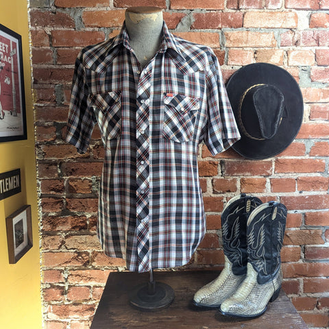 1970s Vintage Plaid Western Shirt Men's Cowboy Style Short Sleeve Black, White & Red Pearl Snap Shirt by ELY PLAINS - Size LARGE
