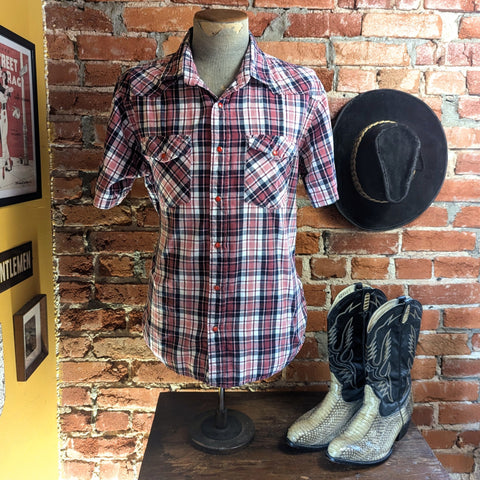 1990s Vintage Plaid Flannel Western Shirt Men's Cowboy Style Short Sleeve Red, White & Black Pearl Snap Shirt by FOURCAST - Size LARGE