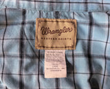 1990s Vintage WRANGLER Western Shirt Men's Cowboy Style Turquoise Blue Plaid Short Sleeve Pearl Snap Shirt - SIZE LARGE