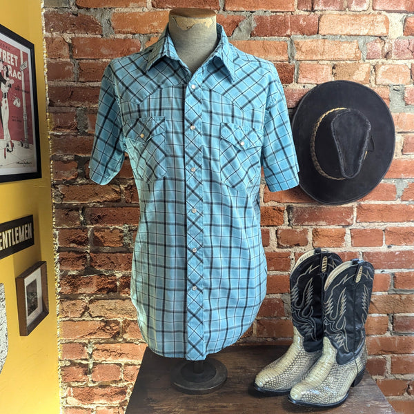 1990s Vintage WRANGLER Western Shirt Men's Cowboy Style Turquoise Blue Plaid Short Sleeve Pearl Snap Shirt - SIZE LARGE