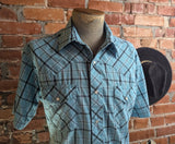 1990s Vintage WRANGLER Western Shirt Men's Cowboy Style Turquoise Blue Plaid Short Sleeve Pearl Snap Shirt - SIZE LARGE