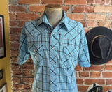 1990s Vintage WRANGLER Western Shirt Men's Cowboy Style Turquoise Blue Plaid Short Sleeve Pearl Snap Shirt - SIZE LARGE