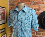 1990s Vintage WRANGLER Western Shirt Men's Cowboy Style Turquoise Blue Plaid Short Sleeve Pearl Snap Shirt - SIZE LARGE