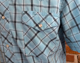 1990s Vintage WRANGLER Western Shirt Men's Cowboy Style Turquoise Blue Plaid Short Sleeve Pearl Snap Shirt - SIZE LARGE