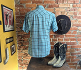 1990s Vintage WRANGLER Western Shirt Men's Cowboy Style Turquoise Blue Plaid Short Sleeve Pearl Snap Shirt - SIZE LARGE