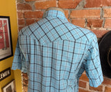 1990s Vintage WRANGLER Western Shirt Men's Cowboy Style Turquoise Blue Plaid Short Sleeve Pearl Snap Shirt - SIZE LARGE