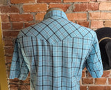1990s Vintage WRANGLER Western Shirt Men's Cowboy Style Turquoise Blue Plaid Short Sleeve Pearl Snap Shirt - SIZE LARGE