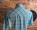 1990s Vintage WRANGLER Western Shirt Men's Cowboy Style Turquoise Blue Plaid Short Sleeve Pearl Snap Shirt - SIZE LARGE