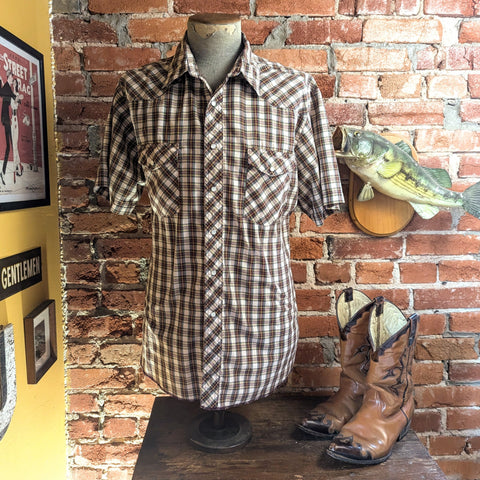 1980s Vintage WRANGLER Plaid Western Shirt Men's Brown & Tan Cowboy Style Short Sleeve Pearl Snap Shirt - Size XL