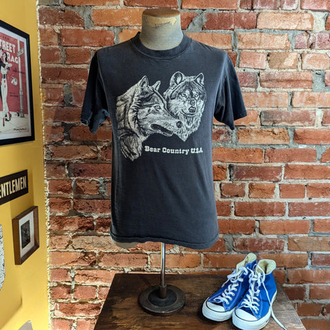 1992 Vintage BEAR COUNTRY U.S.A. Black T-shirt with White Wolves Design Signed "'92 Arolyns" - Size 38-40 MEDIUM