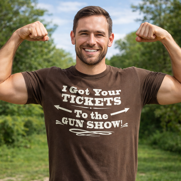 1990s Vintage "I Got Your TICKETS To The GUN SHOW" Muscle T-Shirt Brown - Size Medium