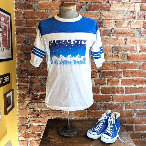 1985 Vintage KANSAS CITY Souvenir Blue & White Ringer T-shirt with Horses and Star Designs Signed Copyright Chain '85" - Size MEDIUM