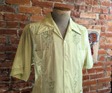 1970s Vintage Classic GUAYABERA Shirt Mens "Mexican Wedding Shirt" Pastel Green Short Sleeve Beach Shirt embroidered by AlonVel - Size LARGE