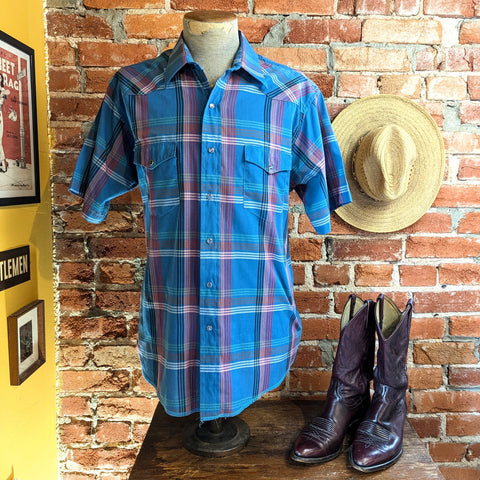 1980s Vintage WRANGLER Western Shirt Men's Cowboy Style Blue Plaid Short Sleeve Pearl Snap Shirt - SIZE LARGE