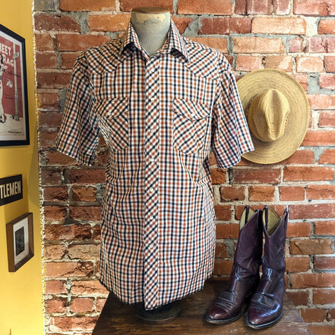 1980s Vintage WRANGLER Western Shirt Men's Cowboy Style Black, Brown & White Plaid Short Sleeve Pearl Snap Shirt - Size LARGE-XL (Long)