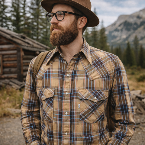 1980s Vintage LEVI'S Western Shirt Men's Brown & Tan Plaid Cowboy Style Long Sleeve Shirt with Gold Threads by Levi's - Size XL Long or Tall