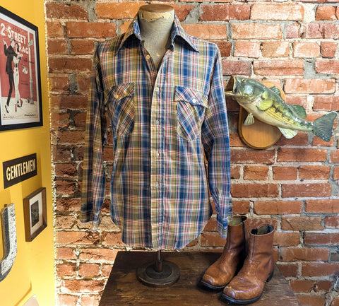 1970s Vintage LEVI'S Western Style Shirt Men's Rainbow Color Plaid Cowboy Style Long Sleeve Shirt by Levi Strauss & Co. - Size MEDIUM