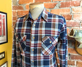 1970s Men's SEARS 100% Acrylic Blue & Burgundy Red Plaid Flannel Shirt Vintage Long Sleeve Shirt - Size MEDIUM