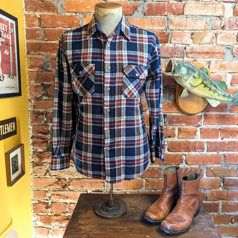 1970s Men's SEARS 100% Acrylic Blue & Burgundy Red Plaid Flannel Shirt Vintage Long Sleeve Shirt - Size MEDIUM