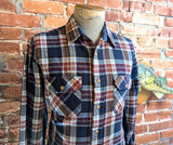 1970s Men's SEARS 100% Acrylic Blue & Burgundy Red Plaid Flannel Shirt Vintage Long Sleeve Shirt - Size MEDIUM