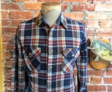1970s Men's SEARS 100% Acrylic Blue & Burgundy Red Plaid Flannel Shirt Vintage Long Sleeve Shirt - Size MEDIUM