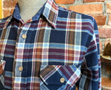 1970s Men's SEARS 100% Acrylic Blue & Burgundy Red Plaid Flannel Shirt Vintage Long Sleeve Shirt - Size MEDIUM