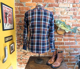 1970s Men's SEARS 100% Acrylic Blue & Burgundy Red Plaid Flannel Shirt Vintage Long Sleeve Shirt - Size MEDIUM