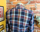 1970s Men's SEARS 100% Acrylic Blue & Burgundy Red Plaid Flannel Shirt Vintage Long Sleeve Shirt - Size MEDIUM