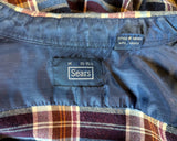 1970s Men's SEARS 100% Acrylic Blue & Burgundy Red Plaid Flannel Shirt Vintage Long Sleeve Shirt - Size MEDIUM