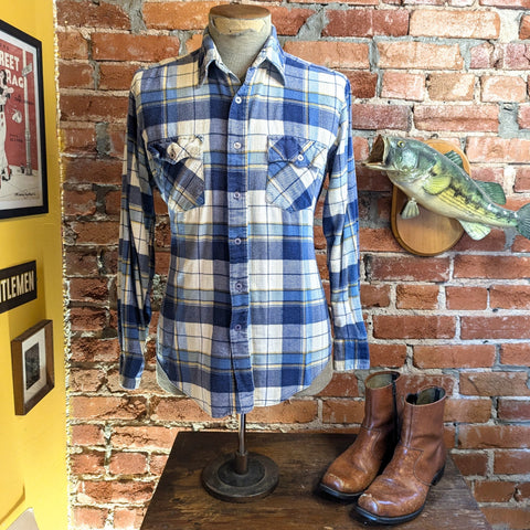 1980s Vintage Craig Andrew Men's Western Cowboy Style Blue & White Soft Cotton Flannel Long Sleeve Shirt - SIZE MEDIUM